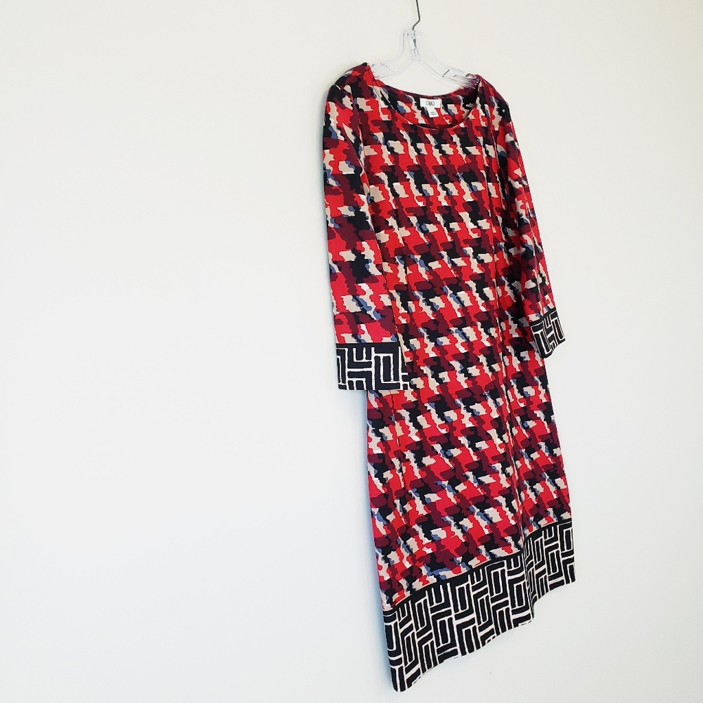 Cato Shift Dress Long Sleeve Mod Geo Print Retro Red Black Cream Size Large - Picture 6 of 11
